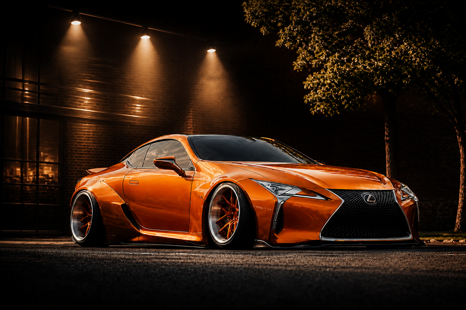 รถสปอร์ต Widebody สีส้มในโรงงาน Luxury ของ Nekketsu Racing